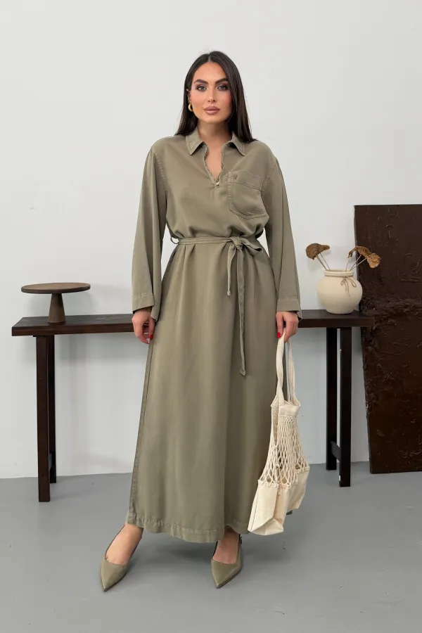 Belted Long Denim Dress 3035-74-(S-XL) Green
