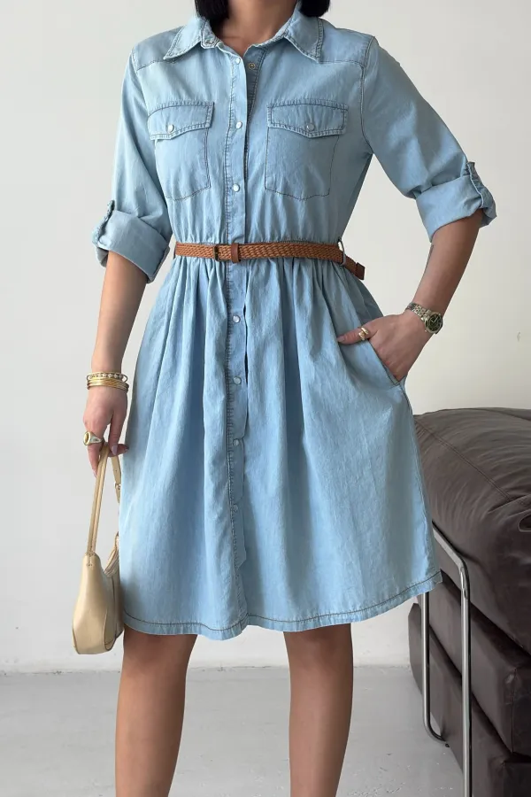 Büzgü Detaylı Kısa Kot Elbise  3040-42-(S-XL)