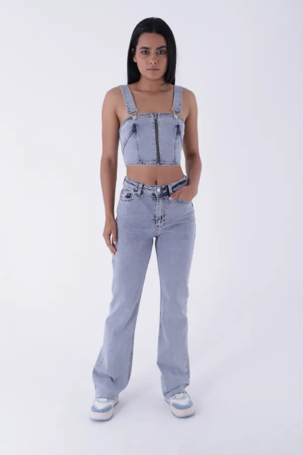 Tasseled Bottom Wide Leg Relax Jean  1726-08-(28-33) Snow Light Blue