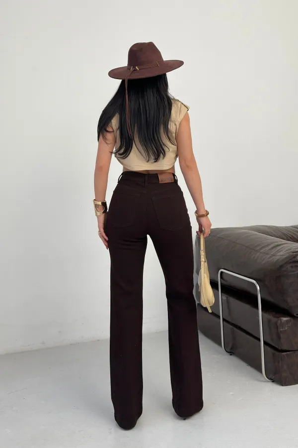 Stitched Hems Wide Leg Relaxed Jean  7026-78-(27-32) Brown