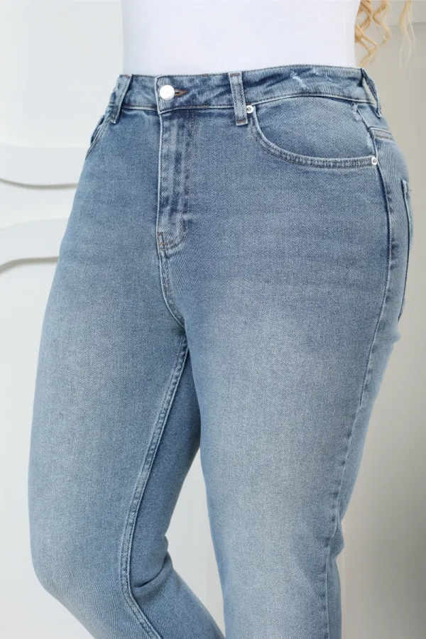 Fringe Ending High Waisted Mom Fit Jean  764-15-(32-36) Light Blue Denim