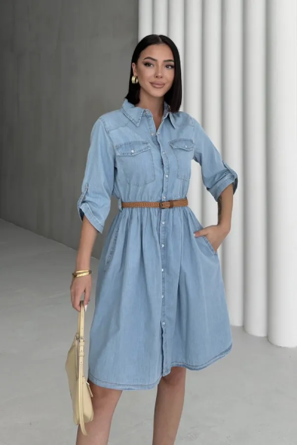 Büzgü Detaylı Kısa Kot Elbise 3040-15-(S-XL)