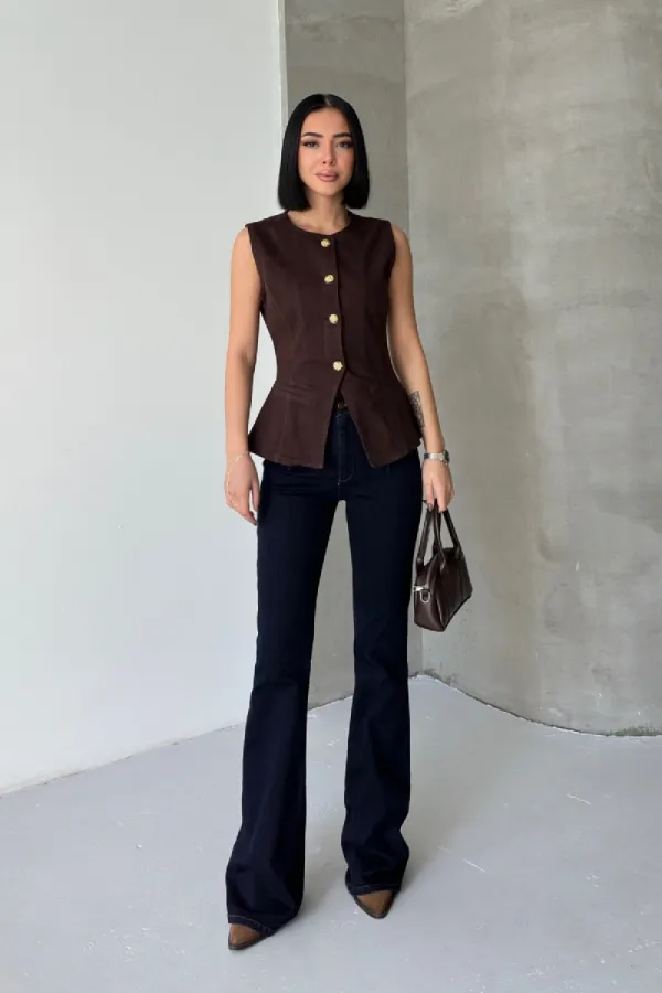 Denim Vest with Slit Front 6086-78-(XS-L) Brown