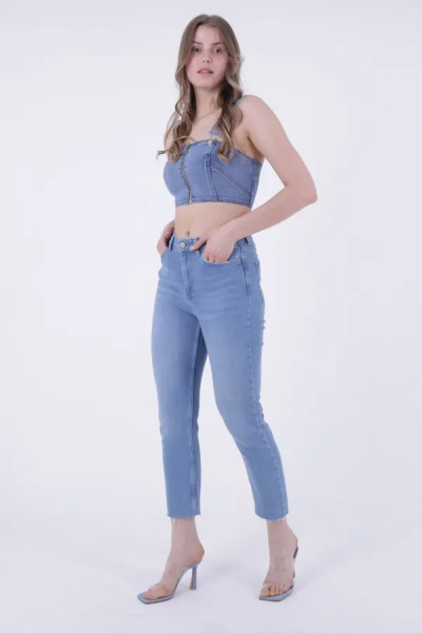 Fringe Ending High Waisted Mom Fit Jean 764-15-(26-29) Light Blue Denim