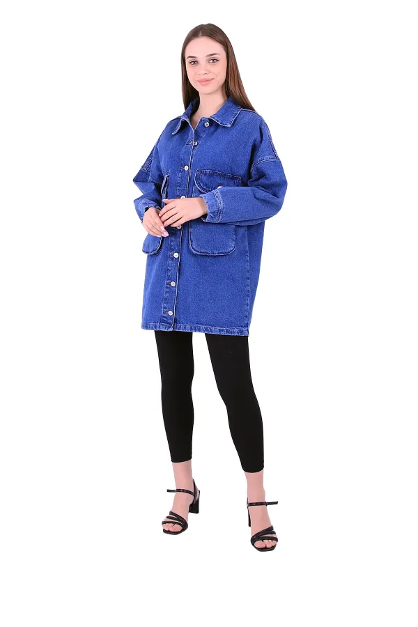 Long Balloon Denim Jacket with Pocket 688-01-(S-L-5) Dark Blue Denim Long Balloon Denim Jacket with Pocket 688-01-(S-L-5) Dark Blue Denim