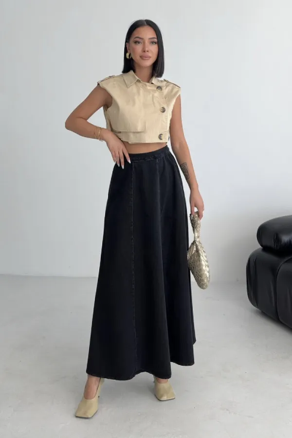 Ruffled Long Skirt with Elasticated Waist 1063-23-(36-44) Regular Anthracite
