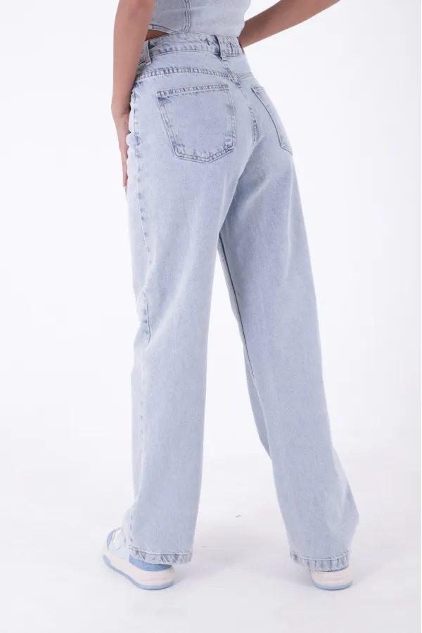 Wide Leg High Waisted Relaxed Jean  718-42-(28-33) Ice Blue - Tinted