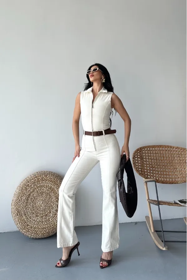 Sleeveless Denim Jumpsuit with Zipper and Belt 3013-80-(S-XL) Natural