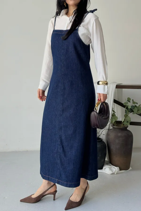 Strappy Relax Dress 3085-17-(S-XL) Slubbed Navy Blue Strappy Relax Dress 3085-17-(S-XL) Slubbed Navy Blue