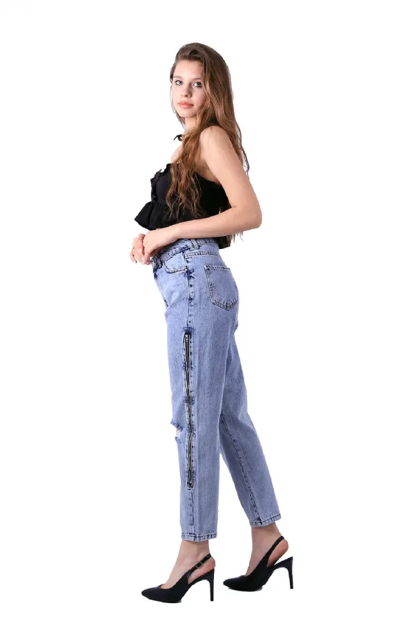 Yanı Fermuarlı Mom Kot Pantolon 717-08-(27-32) Yanı Fermuarlı Mom Kot Pantolon 717-08-(27-32)