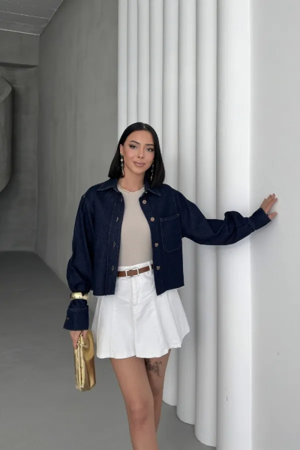 Short Denim Jacket with Pockets 6082-17-(S-XL) Slubbed Navy Blue