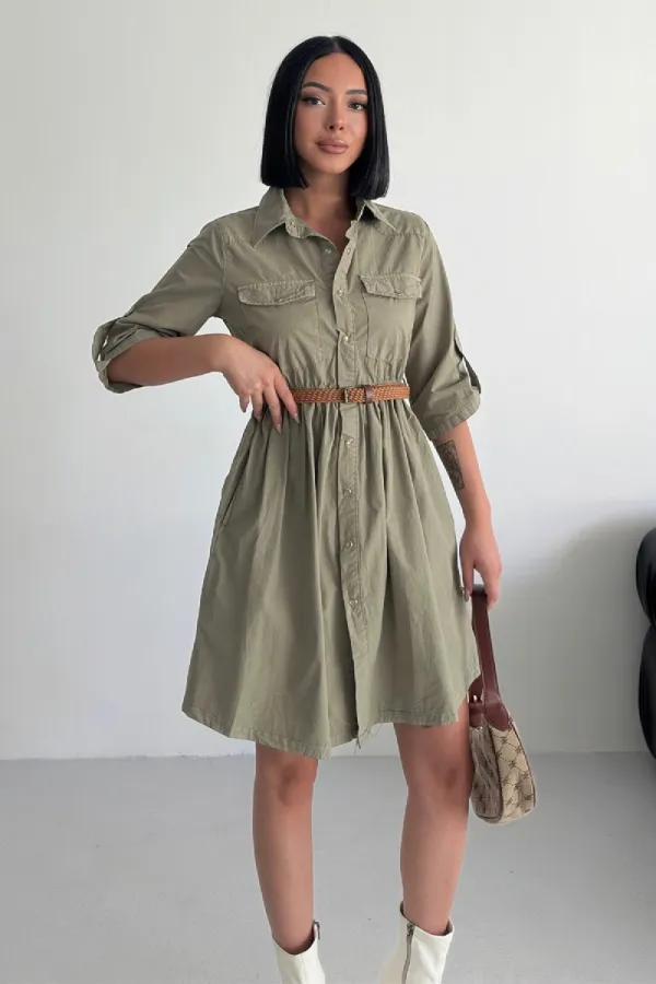 Büzgü Detaylı Kısa Kot Elbise 3040-74-(S-XL)
