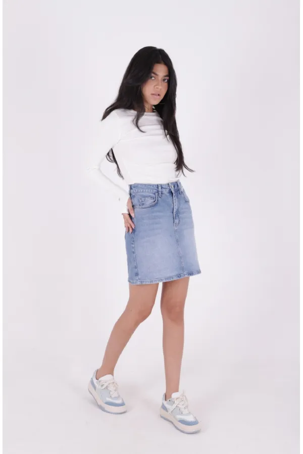 Short Length Denim Skirt with Stitched Hem 1036-15-(36-44) Light Blue Denim