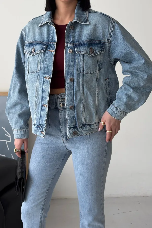 Denim Jacket with Buttons  6081-06-(S-L-3) Middle Blue Denim