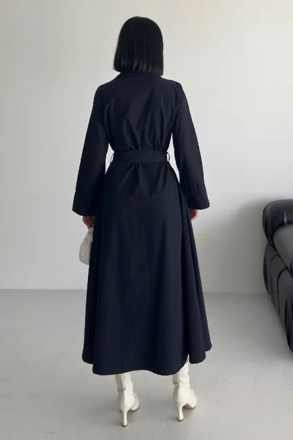 Düğmeli Uzun Boy Kot Elbise 3047-73-(S-XL)