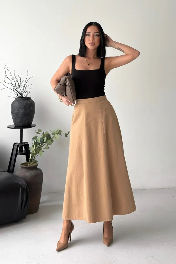 Ruffled Long Skirt with Elasticated Waist  1063-70-(36-44) Camel