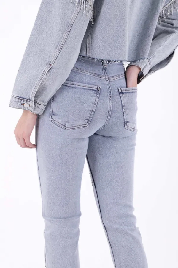 Çapraz Taşlı Mom Fit Kot Pantolon 7054-08-(28-33)
