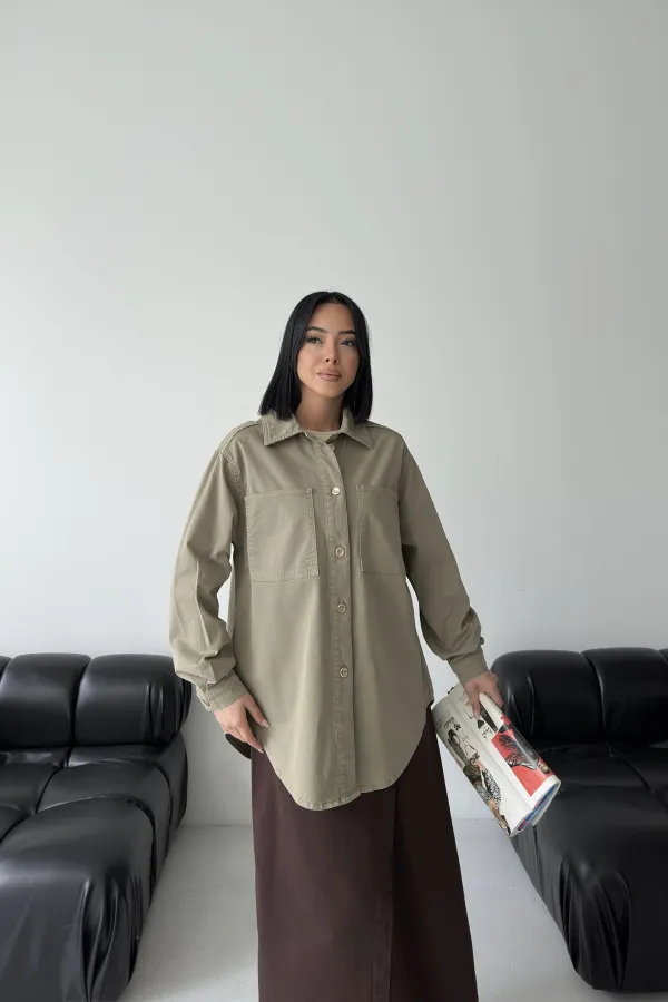 Oversize Denim Jacket with Buttons  6080-74-(S-L-3) Green