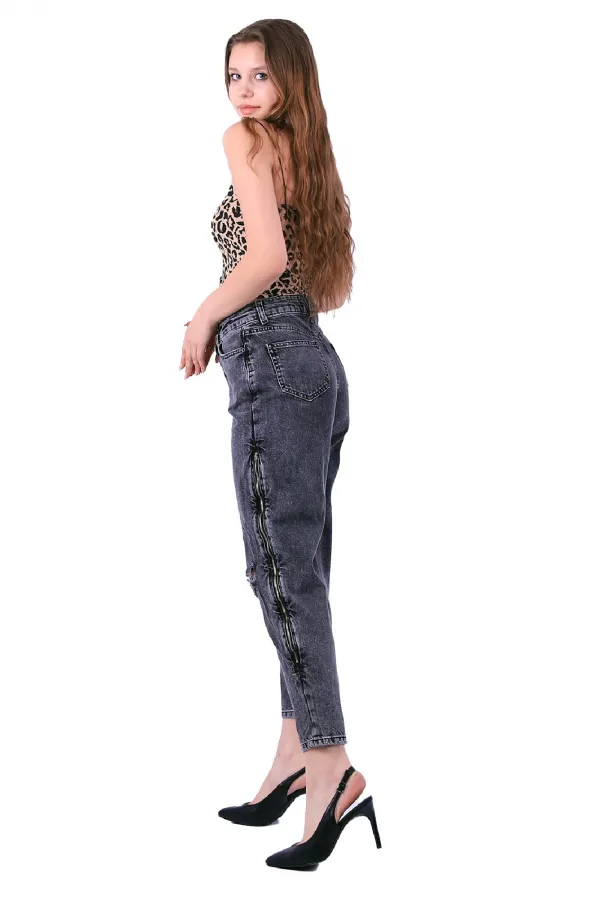 Yanı Fermuarlı Mom Kot Pantolon 717-33-(27-32) Yanı Fermuarlı Mom Kot Pantolon 717-33-(27-32)
