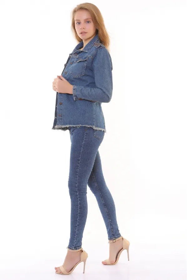 Tasseled Ending Denim Jacket with Lace-up Sleeve 618-62-(S-XL) Middle Blue - Tinted Tasseled Ending Denim Jacket with Lace-up Sleeve 618-62-(S-XL) Middle Blue - Tinted