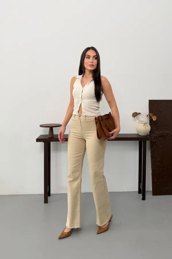 Wide Leg Palazzo Relaxed Jean with Decorative Front Pockets  1710-65-(27-32) Stone