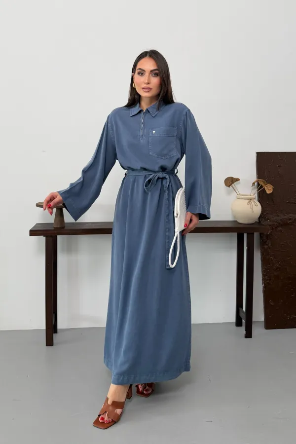 Belted Long Denim Dress 3035-98-(S-XL) 