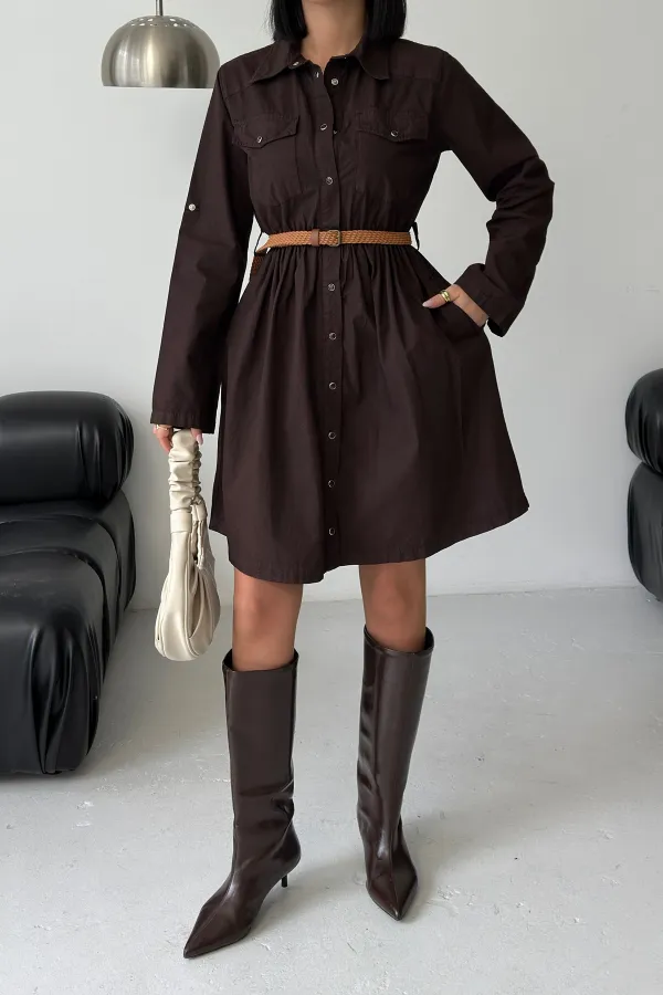 Short Denim Dress with Ruffle Detail 3040-78-(S-XL) Brown