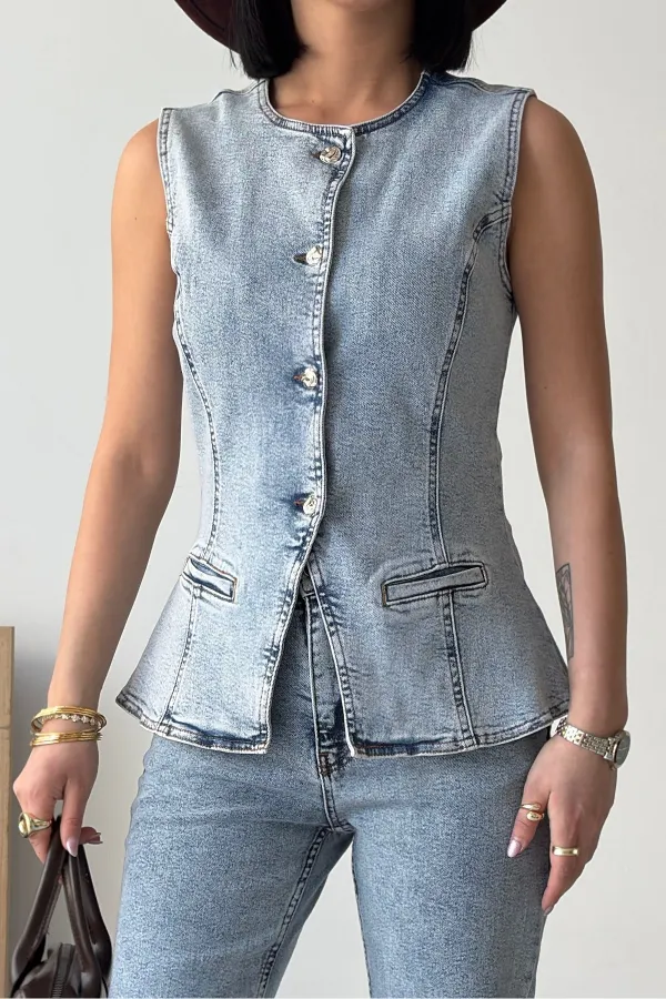 Denim Vest with Slit Front 6086-08-(S-XL) Snow Light Blue