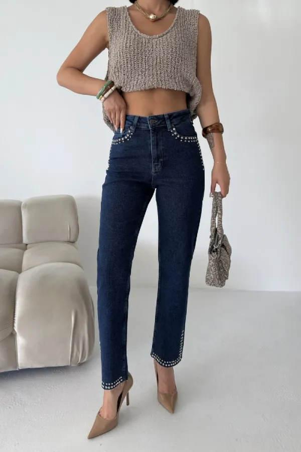 Taşlı Mom Fit Kot Pantolon 7023-26-(26-31)