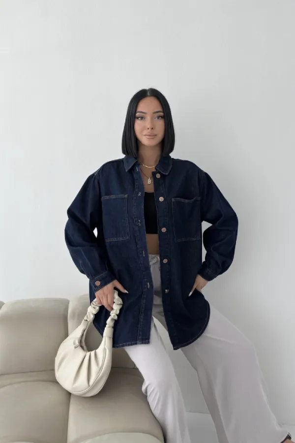 Düğmeli Oversize Kot Gömlek 6080-17-(S+L+3)