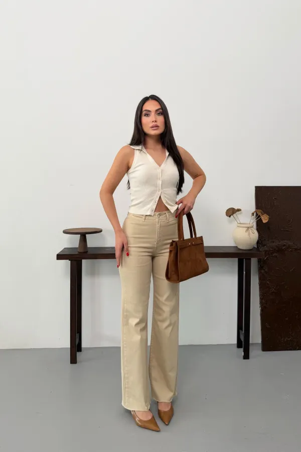 Wide Leg Palazzo Relaxed Jean with Decorative Front Pockets  1710-65-(27-32) Stone