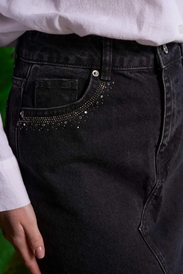 Taşlı Yırtmaçlı Kot Etek 1071-23-(S-XL-6) Taşlı Yırtmaçlı Kot Etek 1071-23-(S-XL-6)