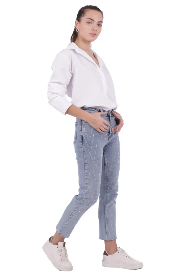 Taşlı Mom Fit Kot Pantolon  1725-08-(26-31)