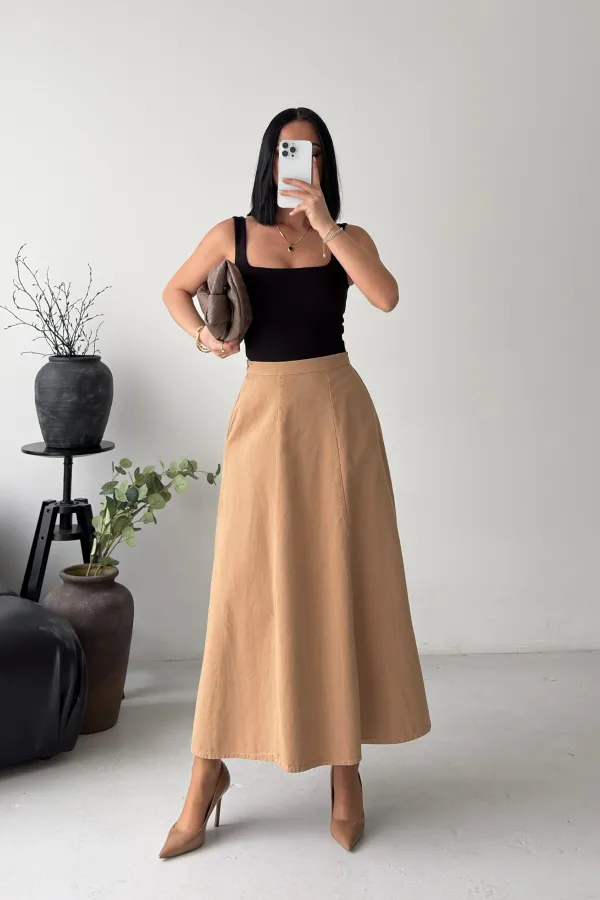 Ruffled Long Skirt with Elasticated Waist  1063-70-(36-44) Camel