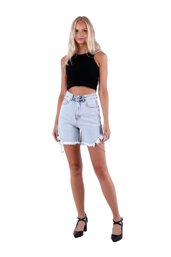 Yanı Zincirli Paçası Püsküllü Kot Şort  200-08-(S-XL-6)