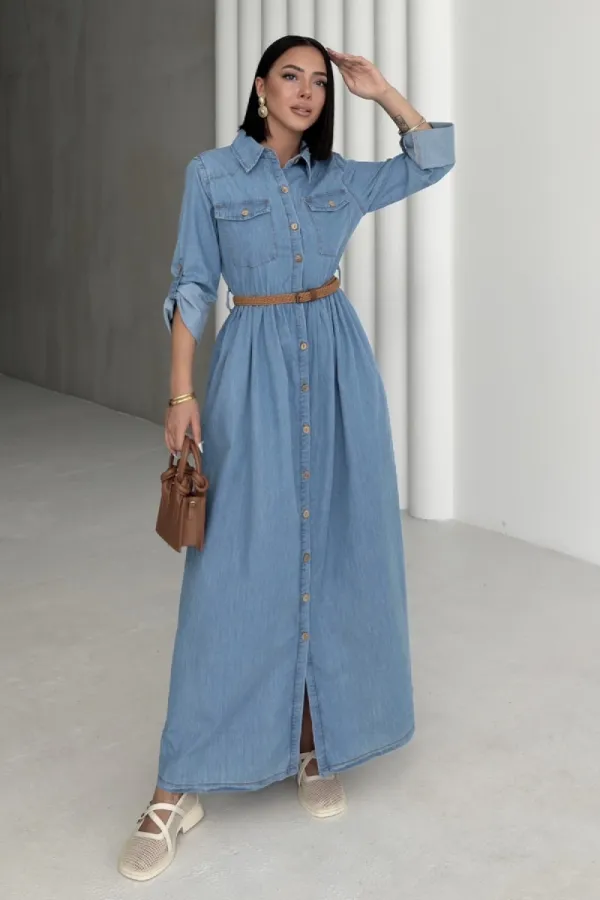 Düğmeli Uzun Kot Elbise 3041-25-(S-XL) Düğmeli Uzun Kot Elbise 3041-25-(S-XL)
