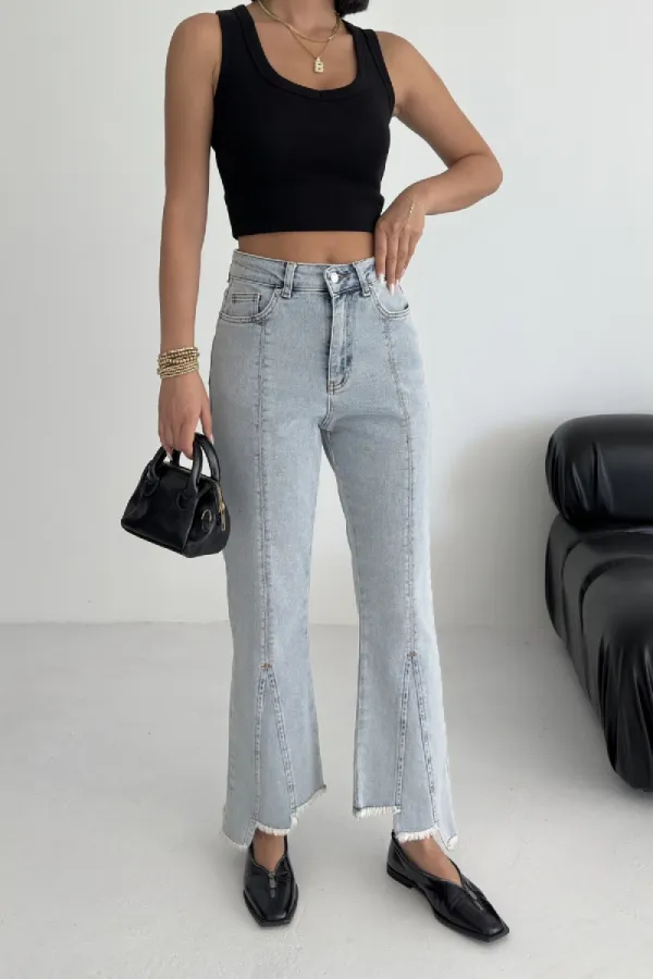 Mom Fit Jean with Asymmetrical Flared Legs 1859-08-(26-31) Snow Light Blue