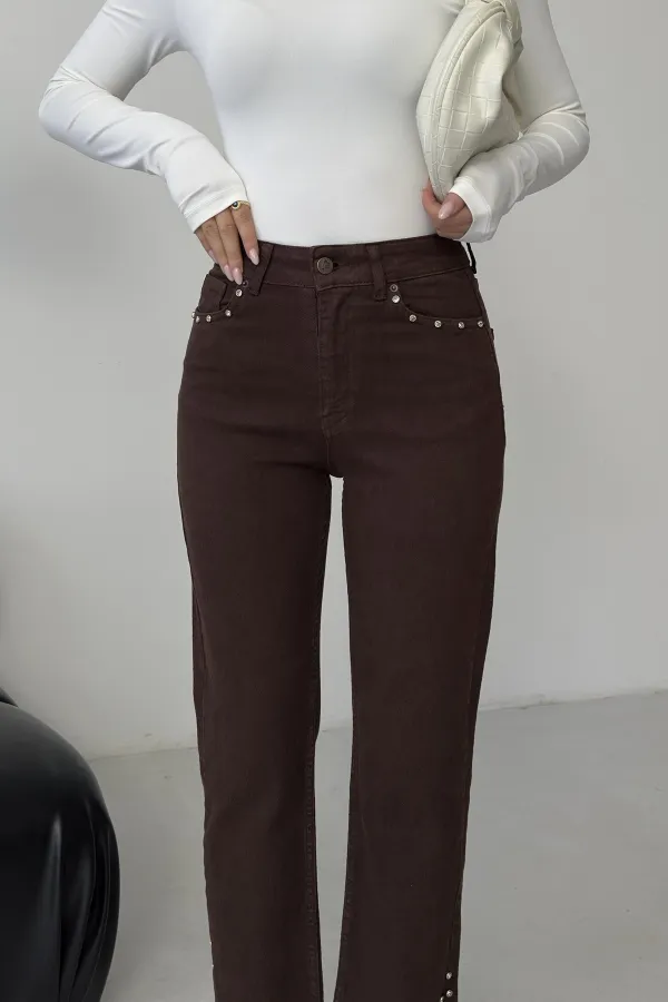 Mom Jean with Side Slits 1774-78-(27-32) Brown Mom Jean with Side Slits 1774-78-(27-32) Brown