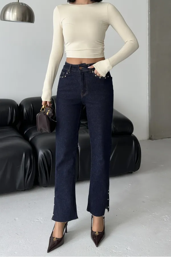 Mom Jean with Side Slits 1774-17-(27-32) Slubbed Navy Blue Mom Jean with Side Slits 1774-17-(27-32) Slubbed Navy Blue