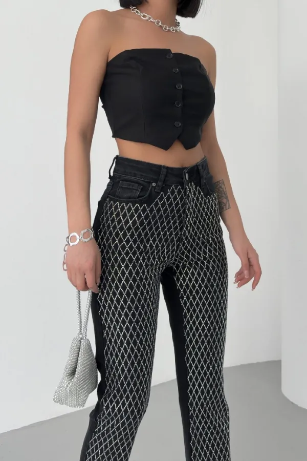 Stone Embellished Mom Fit Jeans 7092-23-(26-31)