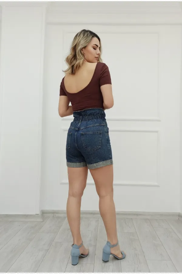 Elasticated Waist Denim Short with Five Buttons 218-62-(S-XL-6) Middle Blue - Tinted Elasticated Waist Denim Short with Five Buttons 218-62-(S-XL-6) Middle Blue - Tinted
