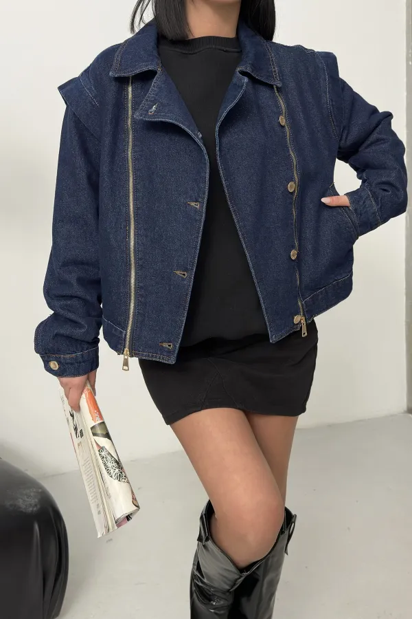 Zipper Detail Denim Jacket 6141-17-(S-L-3) Slubbed Navy Blue Zipper Detail Denim Jacket 6141-17-(S-L-3) Slubbed Navy Blue