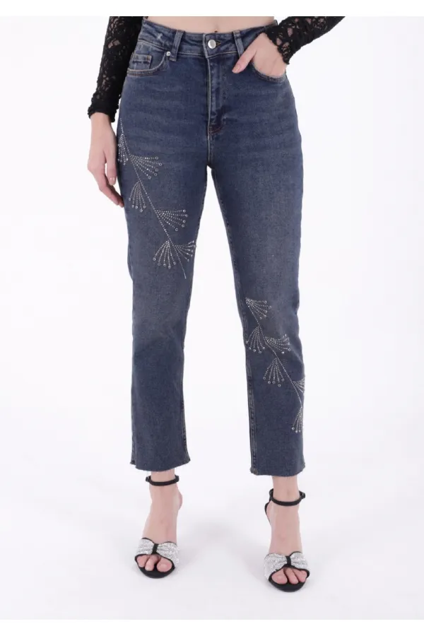 Çapraz Taşlı Mom Fit Kot Pantolon  7054-28-(28-33)