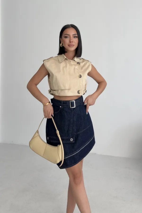 Ripped Denim Skirt with Denim Belt and Decorative Zipper 117-17-(36-42-6-2) Slubbed Navy Blue