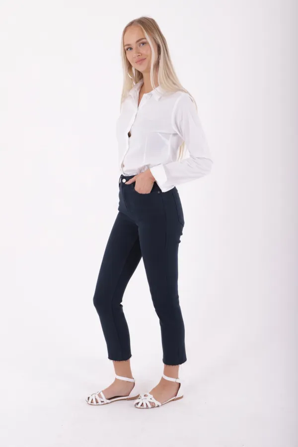 Fringe Ending High Waisted Mom Fit Jean  764-12-(26-31) Navy Blue