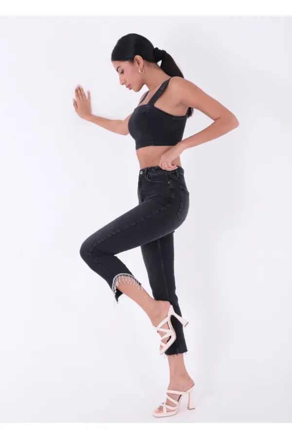 High Waisted Mom Jean with Rhinestones on Leg Hems Sides 1881-23-(28-33) Regular Anthracite High Waisted Mom Jean with Rhinestones on Leg Hems Sides 1881-23-(28-33) Regular Anthracite