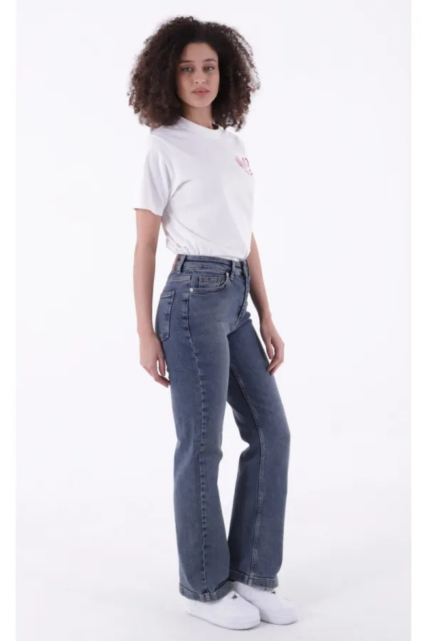 Stitched Hems Wide Leg Relaxed Jean  7026-02-(26-31) Dark Tinted Denim