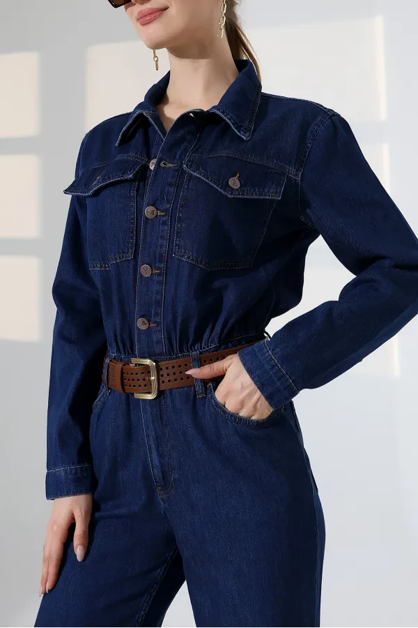 Gathered Denim Jumpsuit 3038-26-(S-L-3) Regular Dark Blue