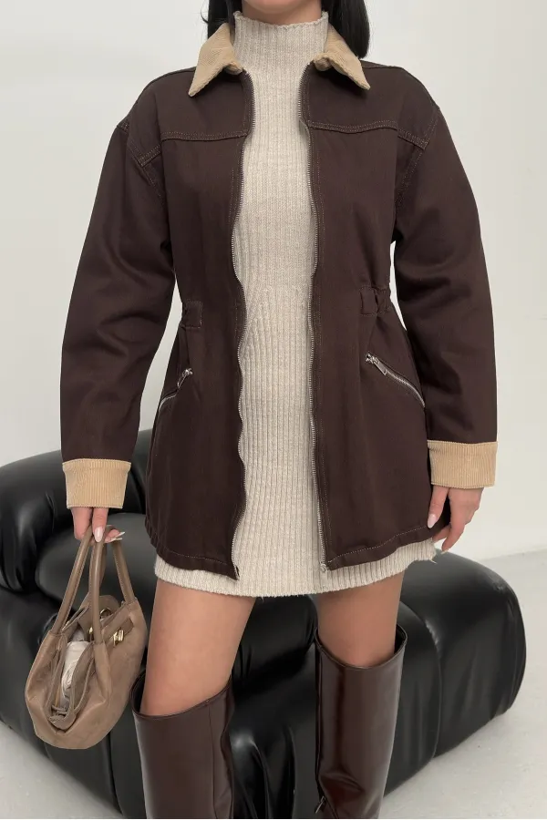 Velvet Piece Detailed Zippered Denim Jacket 6129-78-(S-XL) Brown