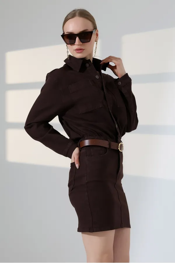 Buttoned Mini Denim Dress  3027-78-(S-L-3) Brown